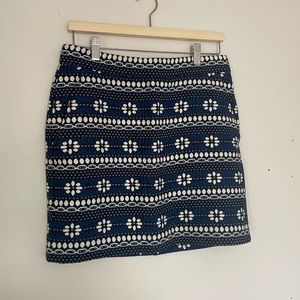 J. Crew, size 4, mini skirt, navy/white snowflake/daisy pattern. Classic.